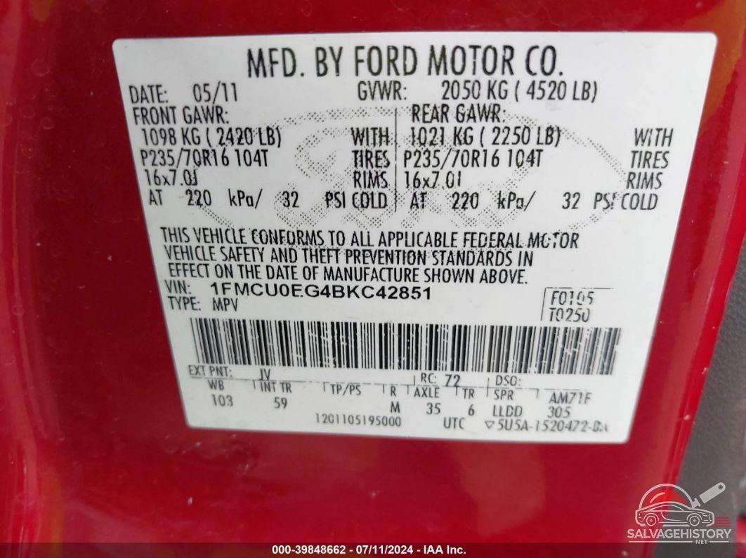 1FMCU0EG4BKC42851 2011 FORD ESCAPE photo no. 9