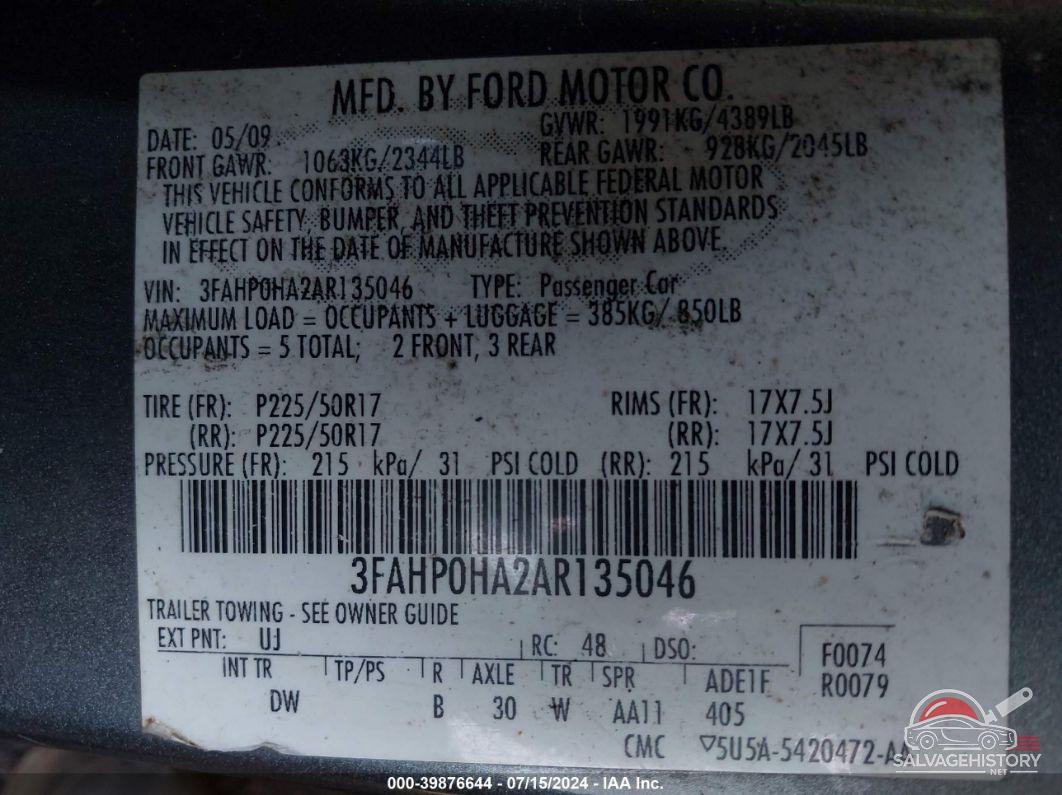 3FAHP0HA2AR135046 2010 FORD FUSION photo no. 9