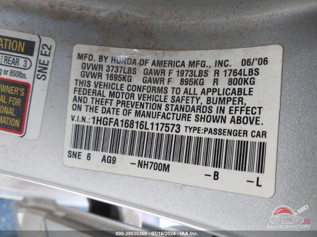 1HGFA16816L117573 2006 HONDA CIVIC photo no. 9