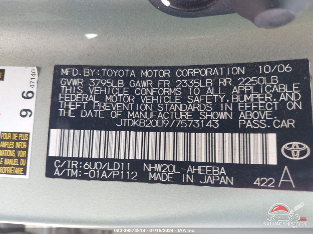 JTDKB20U977573143 2007 TOYOTA PRIUS photo no. 9