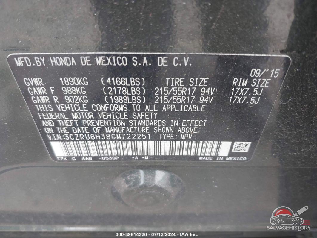 3CZRU6H38GM722251 2016 HONDA HR-V photo no. 9