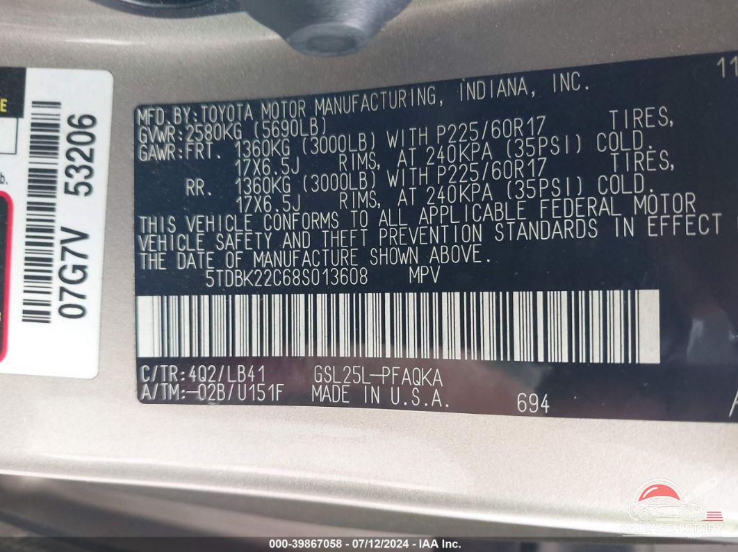 5TDBK22C68S013608 2008 TOYOTA SIENNA photo no. 9
