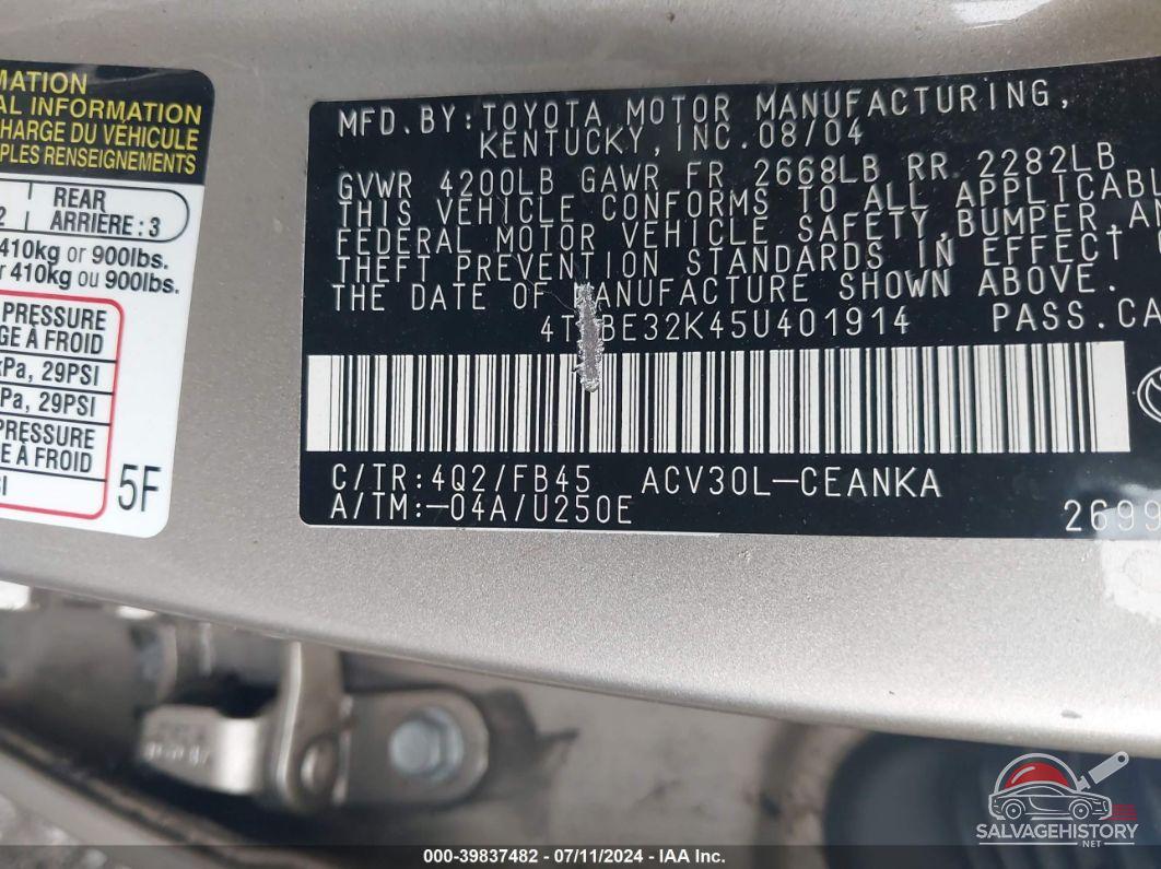 4T1BE32K45U401914 2005 TOYOTA CAMRY photo no. 9