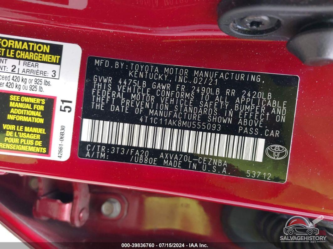 4T1C11AK8MU555093 2021 TOYOTA CAMRY photo no. 9