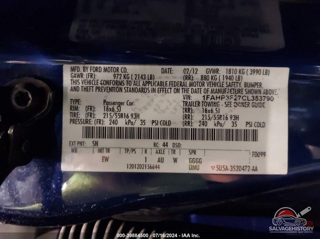 1FAHP3F27CL353790 2012 FORD FOCUS photo no. 9