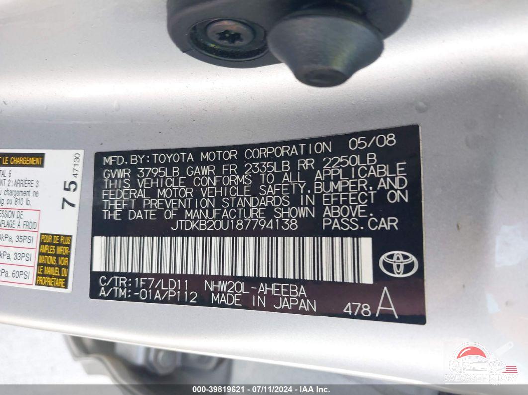 JTDKB20U187794138 2008 TOYOTA PRIUS photo no. 9