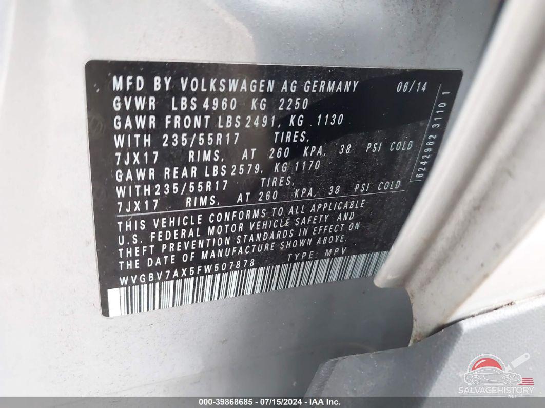WVGBV7AX5FW507878 2015 VOLKSWAGEN TIGUAN photo no. 9