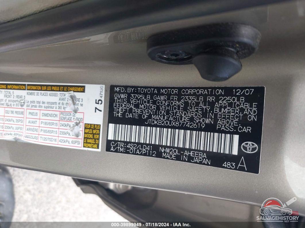 JTDKB20UX87742619 2008 TOYOTA PRIUS photo no. 9