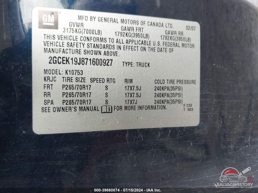 2GCEK19J871600927 2007 CHEVROLET SILVERADO 1500 photo no. 9