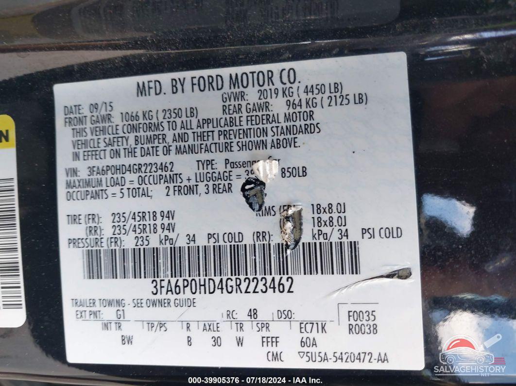 3FA6P0HD4GR223462 2016 FORD FUSION photo no. 9