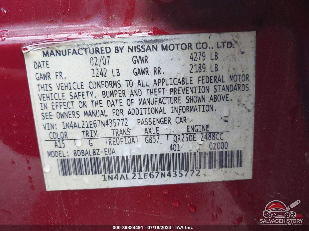 1N4AL21E67N435772 2007 NISSAN ALTIMA photo no. 9