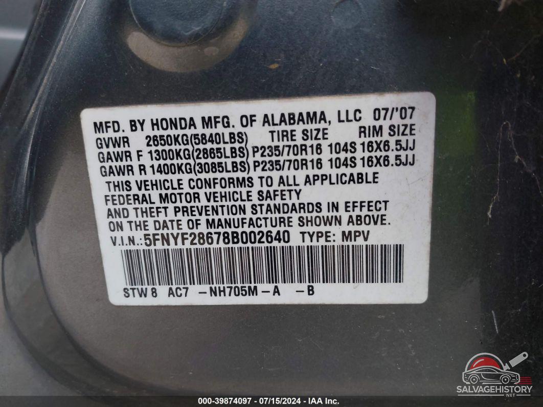 5FNYF28678B002640 2008 HONDA PILOT photo no. 9