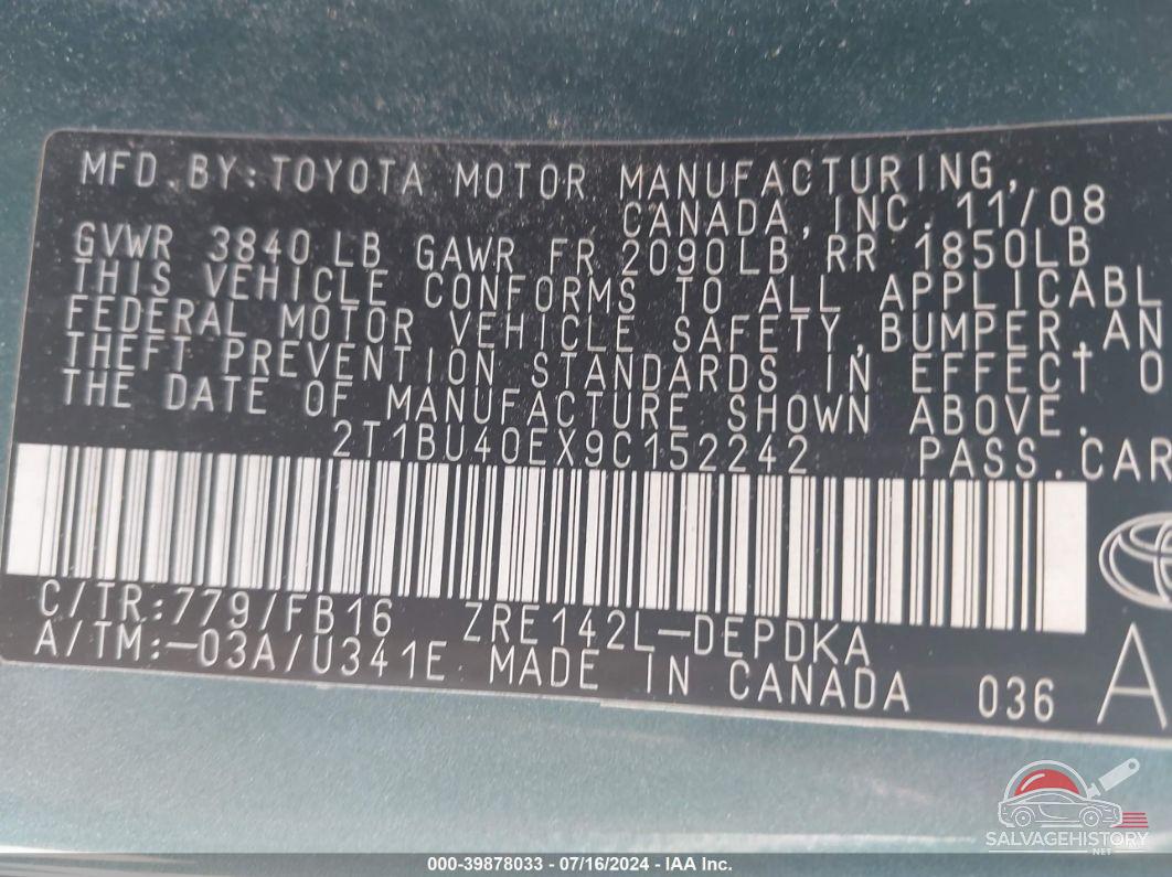 2T1BU40EX9C152242 2009 TOYOTA COROLLA photo no. 9