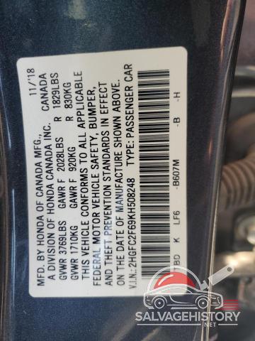 2HGFC2F69KH508248 2019 HONDA CIVIC photo no. 12