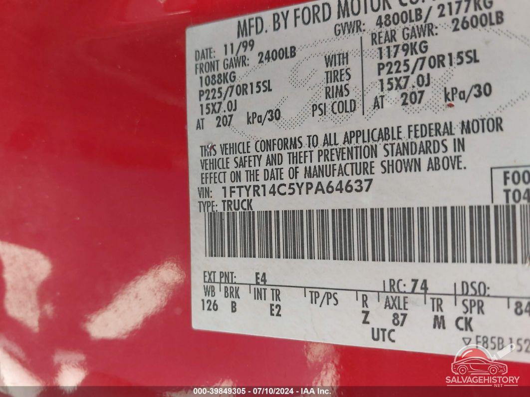 1FTYR14C5YPA64637 2000 FORD RANGER photo no. 9