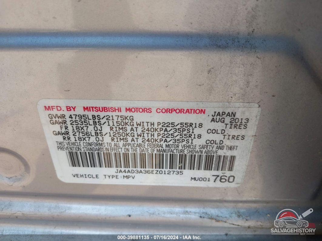 JA4AD3A36EZ012735 2014 MITSUBISHI OUTLANDER photo no. 9