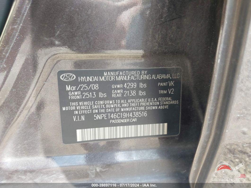 5NPET46C19H438516 2009 HYUNDAI SONATA photo no. 9