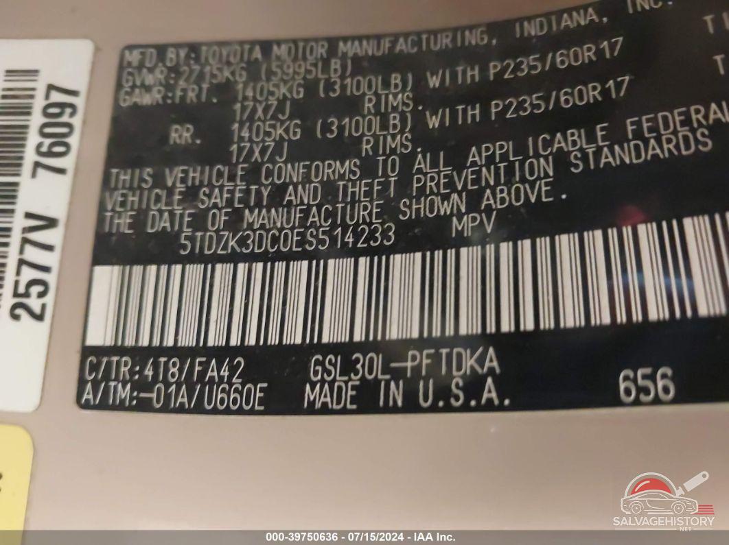 5TDZK3DC0ES514233 2014 TOYOTA SIENNA photo no. 9