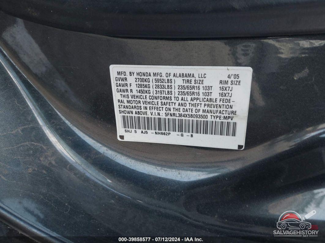 5FNRL384X5B093500 2005 HONDA ODYSSEY photo no. 9