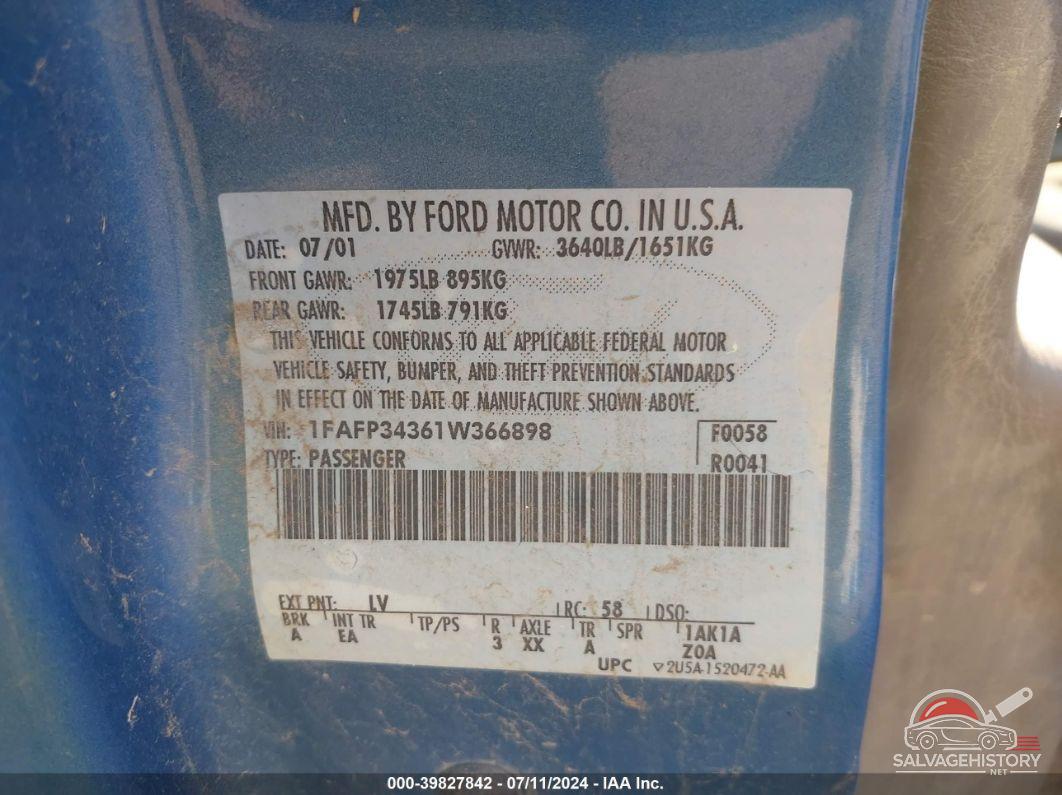 1FAFP34361W366898 2001 FORD FOCUS photo no. 9