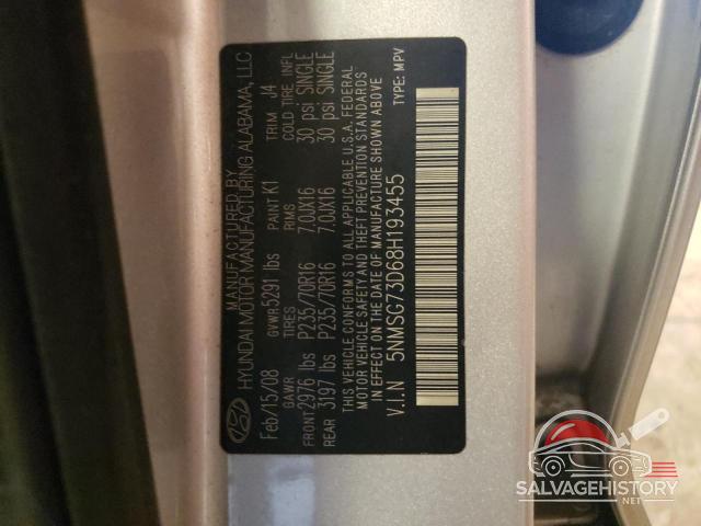 5NMSG73D68H193455 2008 HYUNDAI SANTA FE photo no. 12