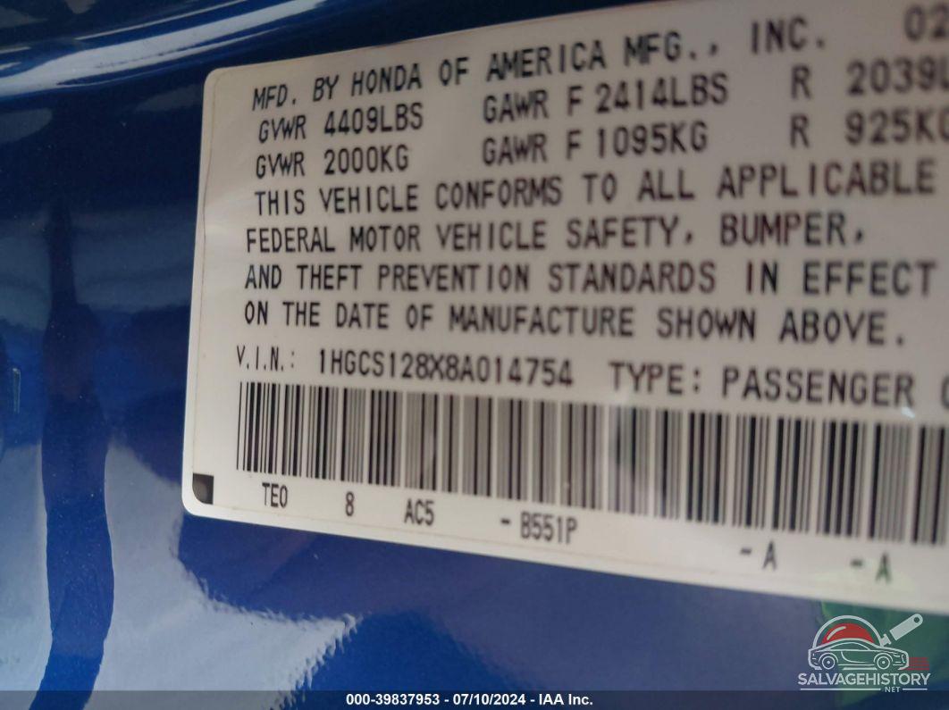 1HGCS128X8A014754 2008 HONDA ACCORD photo no. 9