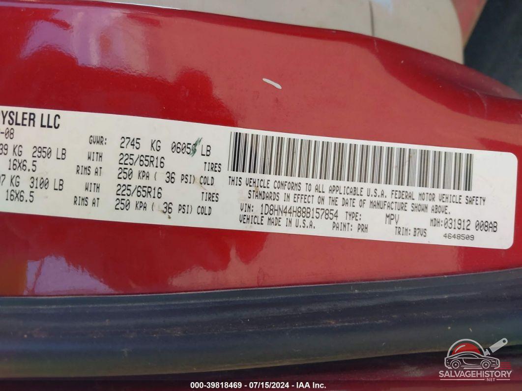 1D8HN44H88B157854 2008 DODGE GRAND CARAVAN photo no. 9
