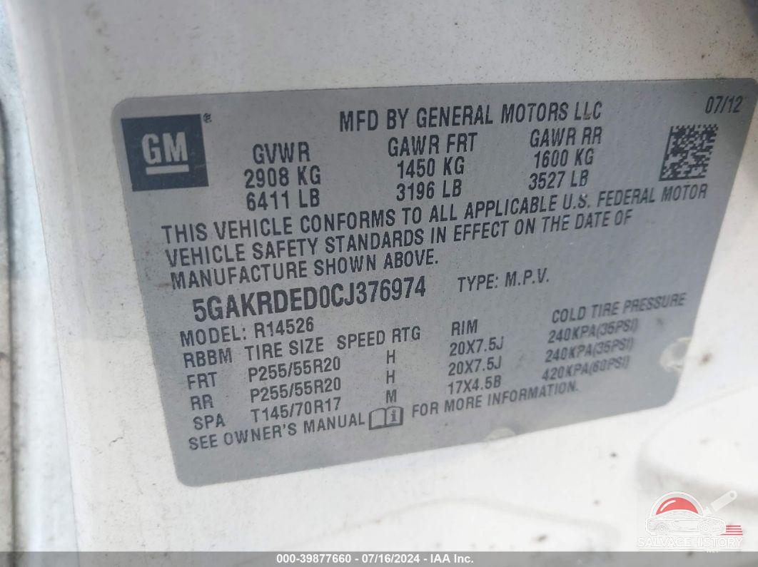 5GAKRDED0CJ376974 2012 BUICK ENCLAVE photo no. 9