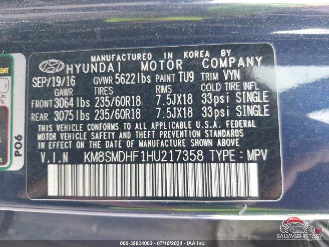 KM8SMDHF1HU217358 2017 HYUNDAI SANTA FE photo no. 9