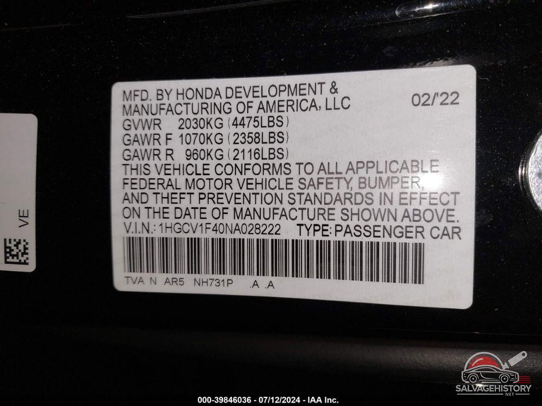 1HGCV1F40NA028222 2022 HONDA ACCORD photo no. 9