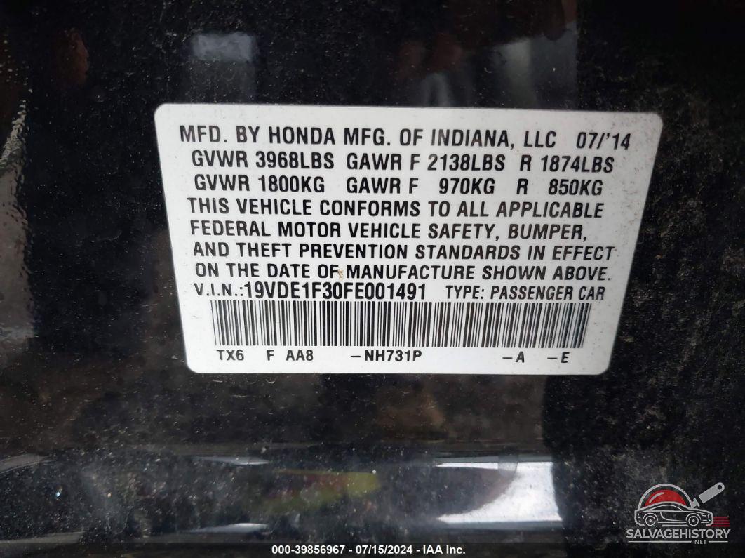 19VDE1F30FE001491 2015 ACURA ILX photo no. 9