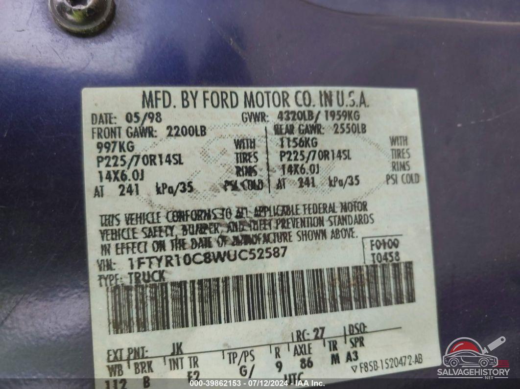 1FTYR10C8WUC52587 1998 FORD RANGER photo no. 9