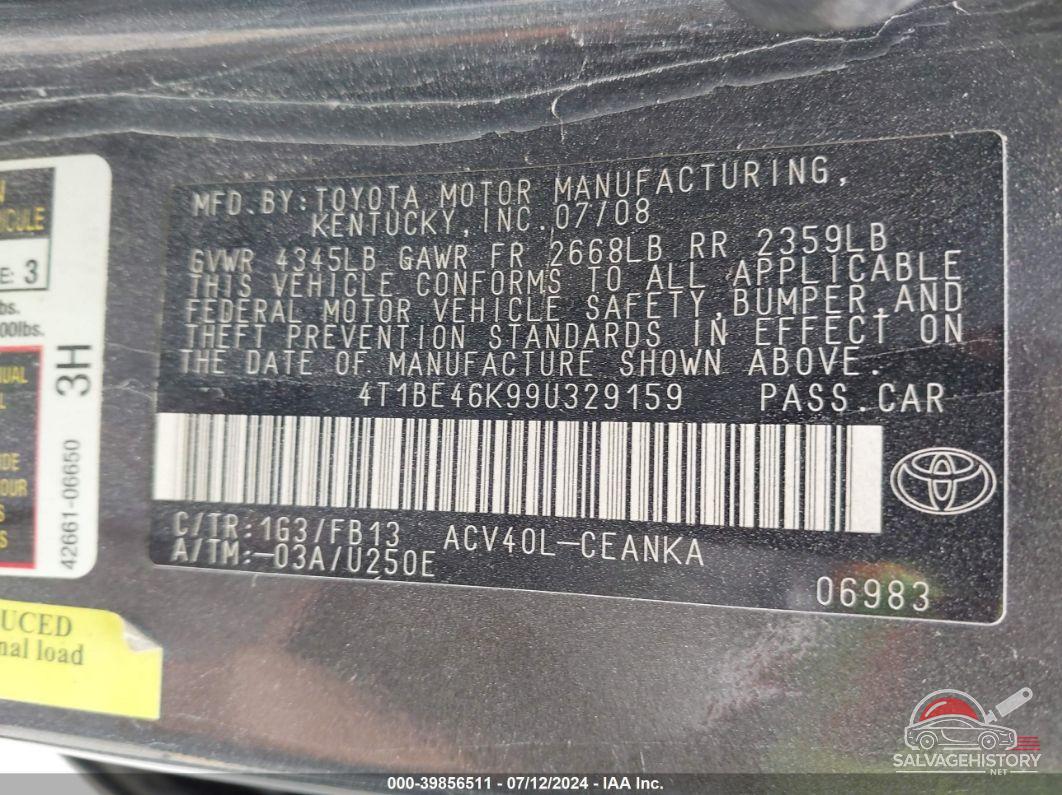 4T1BE46K99U329159 2009 TOYOTA CAMRY photo no. 9