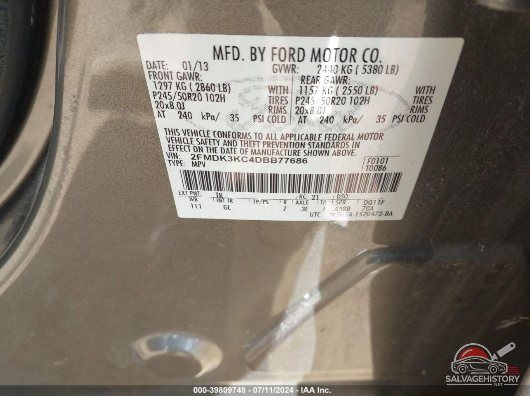 2FMDK3KC4DBB77686 2013 FORD EDGE photo no. 9