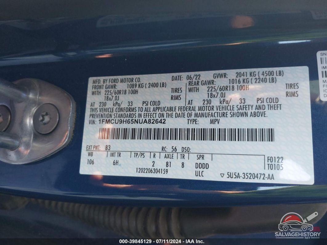 1FMCU9H65NUA82642 2022 FORD ESCAPE photo no. 9