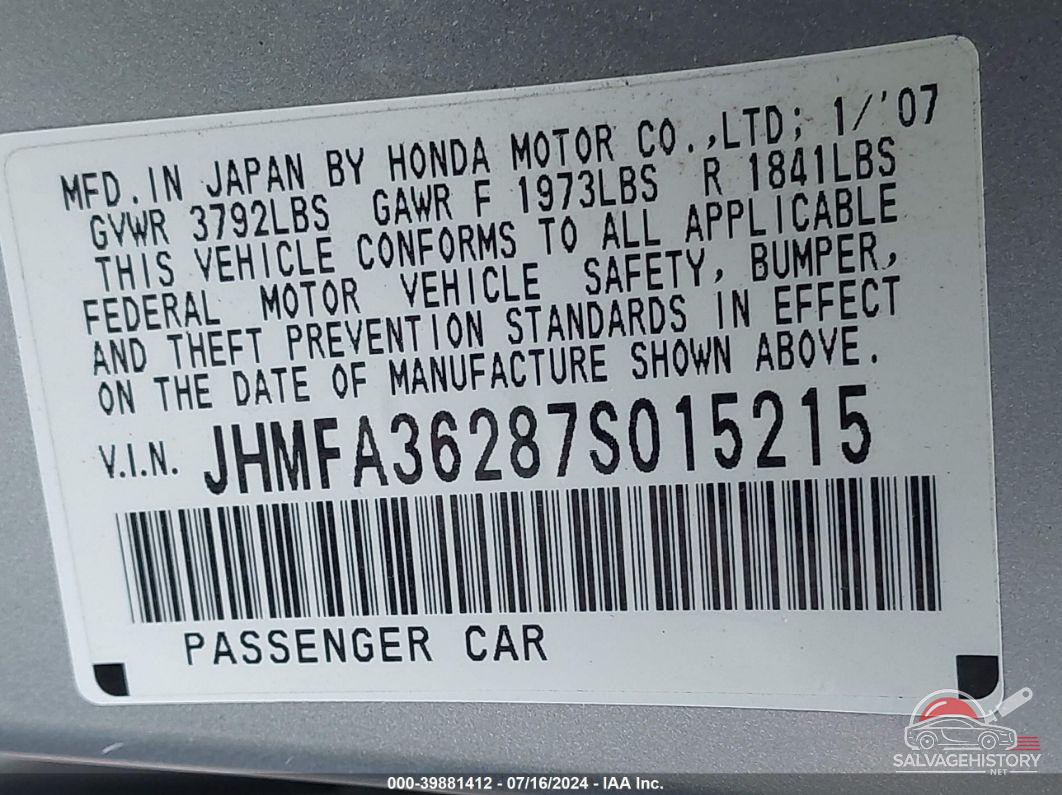 JHMFA36287S015215 2007 HONDA CIVIC HYBRID photo no. 9