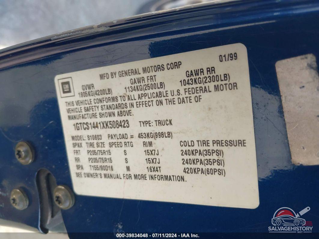 1GTCS1441XK508423 1999 GMC SONOMA photo no. 9