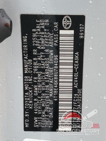 4T1BE46K88U784096 2008 TOYOTA CAMRY photo no. 12