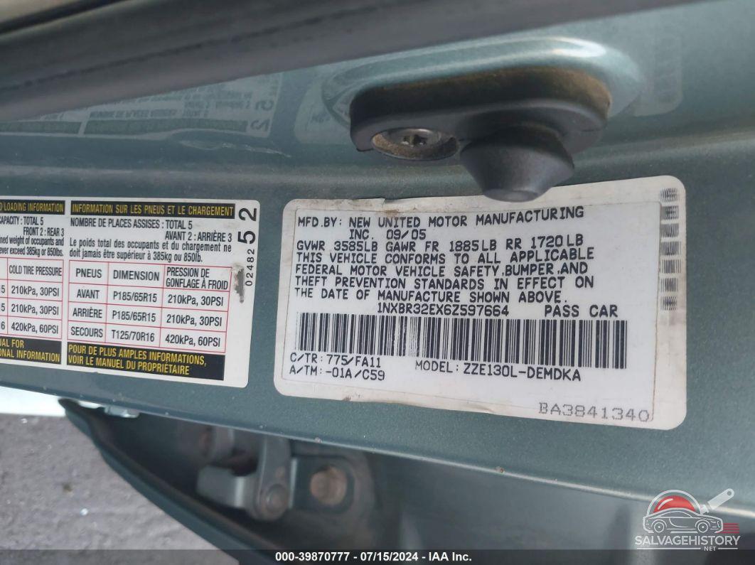 1NXBR32EX6Z597664 2006 TOYOTA COROLLA photo no. 9