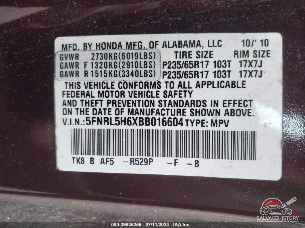 5FNRL5H6XBB016604 2011 HONDA ODYSSEY photo no. 9