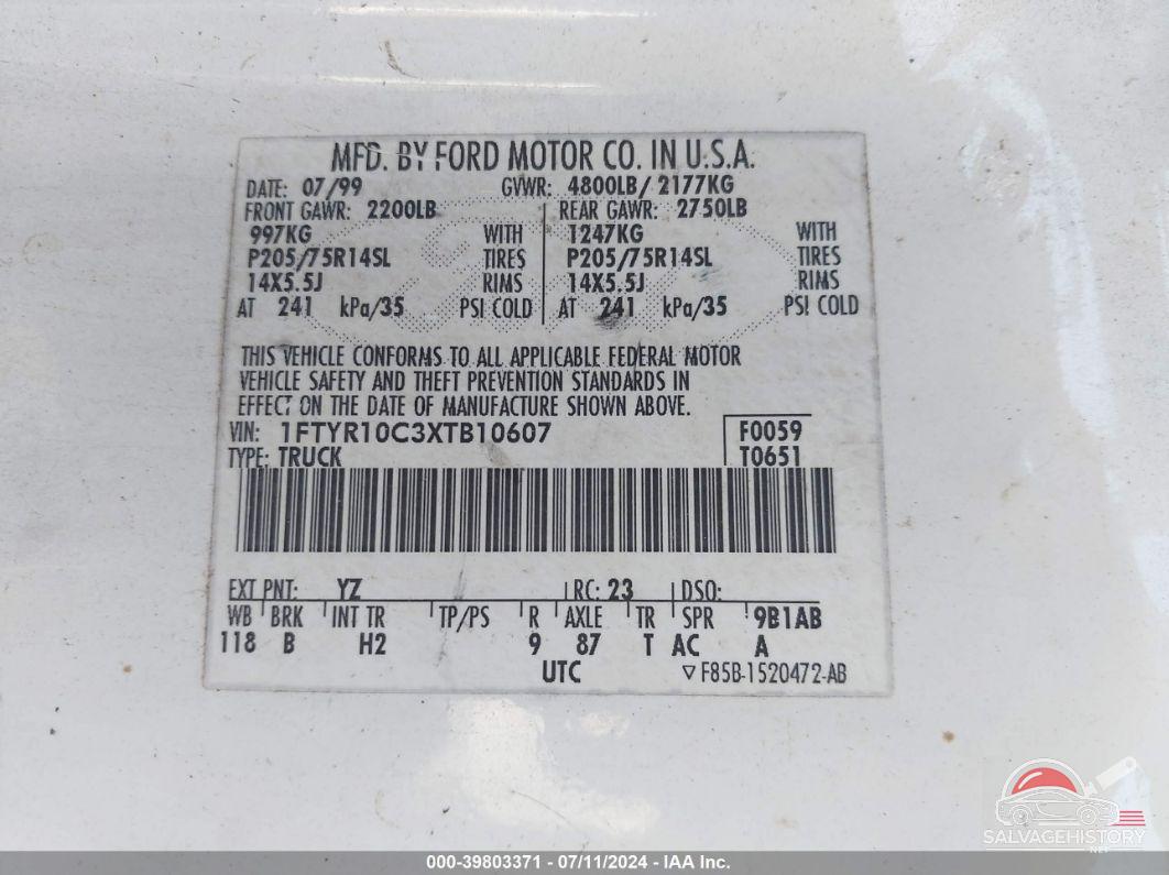 1FTYR10C3XTB10607 1999 FORD RANGER photo no. 9