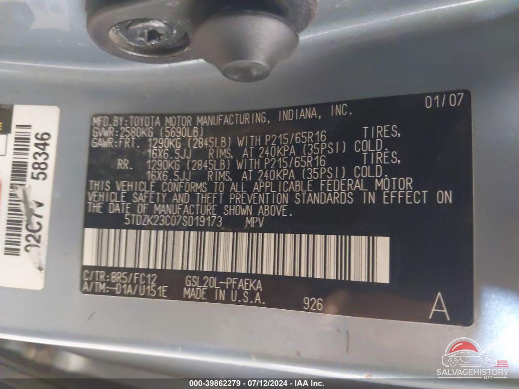 5TDZK23C07S019173 2007 TOYOTA SIENNA photo no. 9