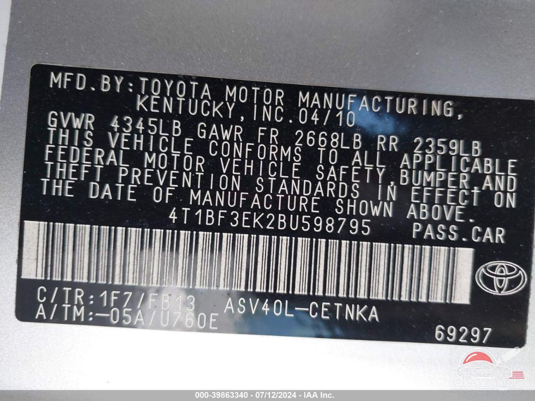 4T1BF3EK2BU598795 2011 TOYOTA CAMRY photo no. 9
