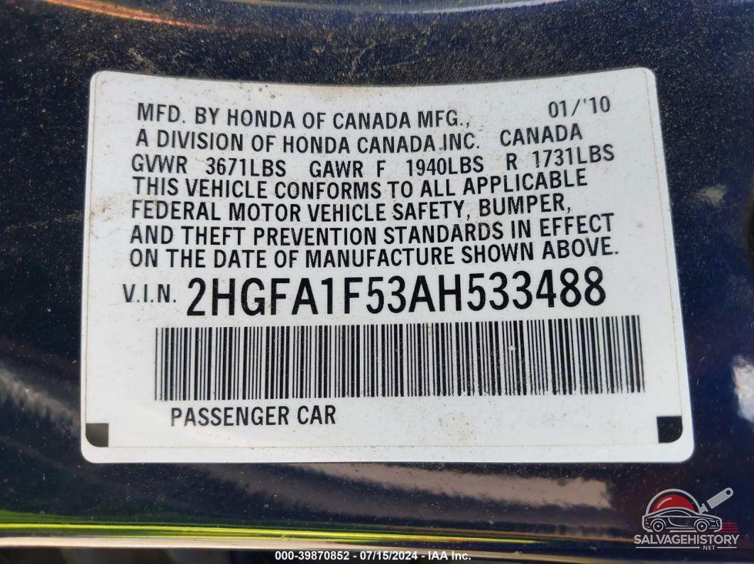 2HGFA1F53AH533488 2010 HONDA CIVIC photo no. 9