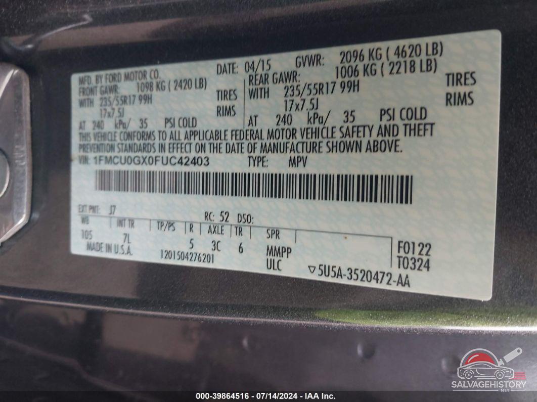 1FMCU0GX0FUC42403 2015 FORD ESCAPE photo no. 9