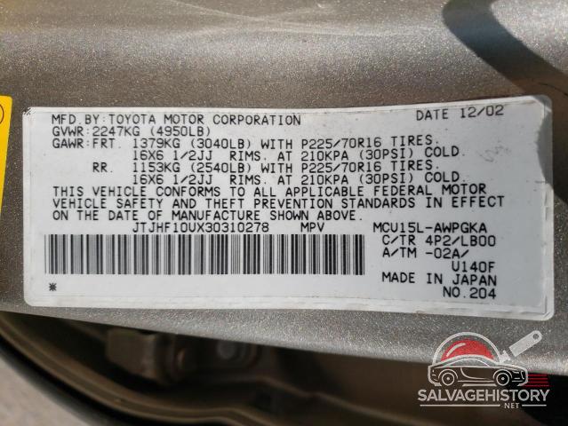 JTJHF10UX30310278 2003 LEXUS RX300 photo no. 13