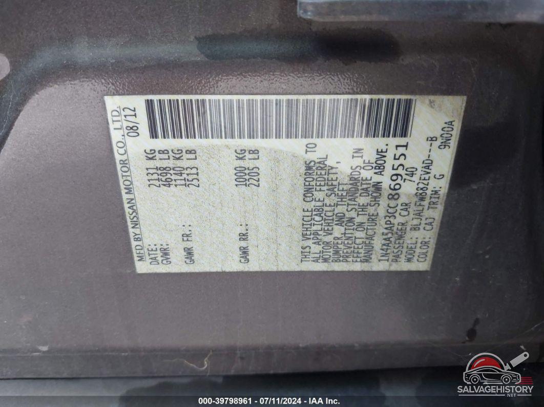 1N4AA5AP3CC869551 2012 NISSAN MAXIMA photo no. 9