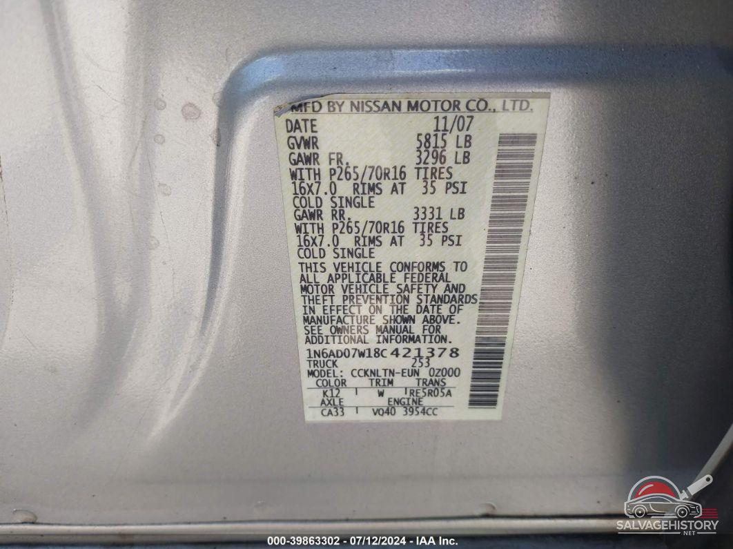 1N6AD07W18C421378 2008 NISSAN FRONTIER photo no. 9