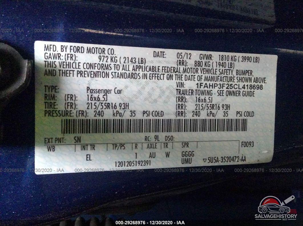 1FAHP3F25CL418698 2012 FORD FOCUS photo no. 9