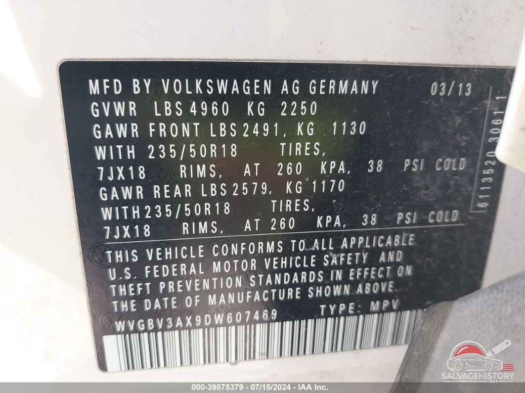 WVGBV3AX9DW607469 2013 VOLKSWAGEN TIGUAN photo no. 9
